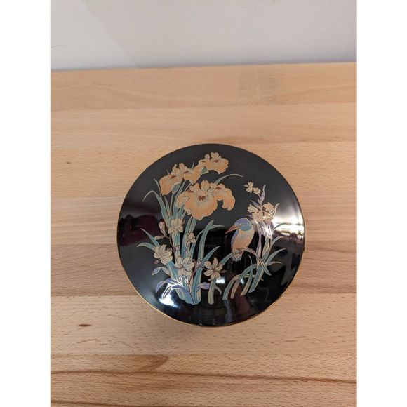Vintage Japanese Trinket Jewelry Box Black Round Kingfisher Bird Iris Flowers - Picture 4 of 6